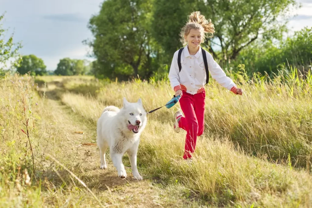 A little girl running in a grassy field with a big white dog