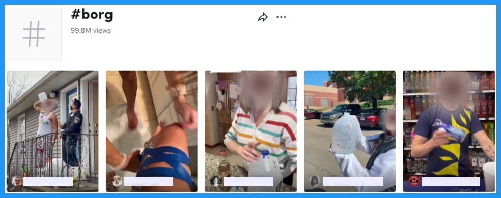 Screen shot of Borg hashtag on TikTok showing various uses drinking and making BORG drinks