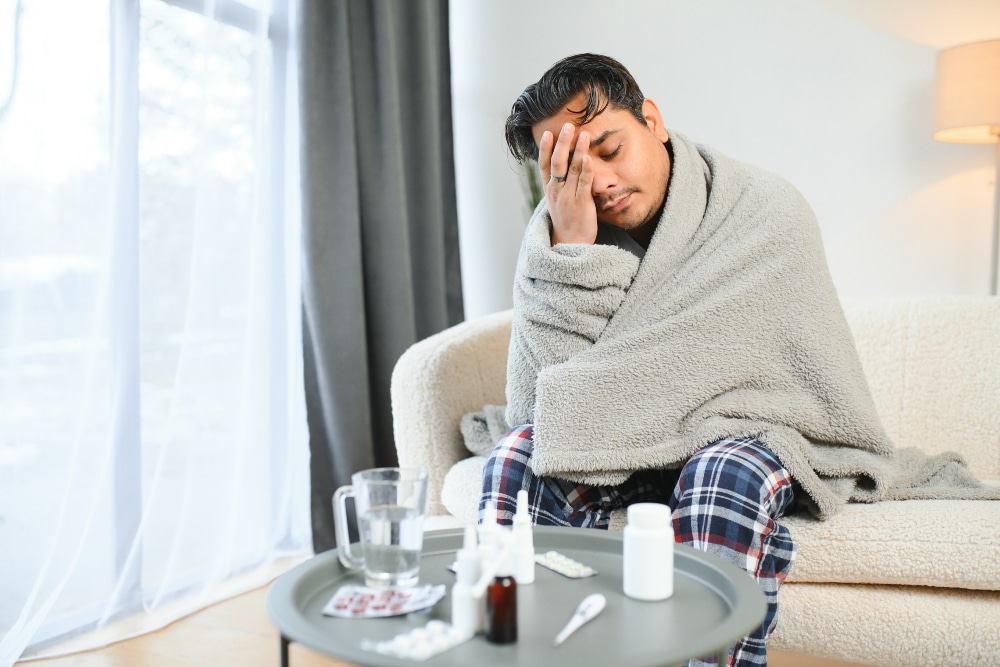 young indian man in blanket having headache or fever at home