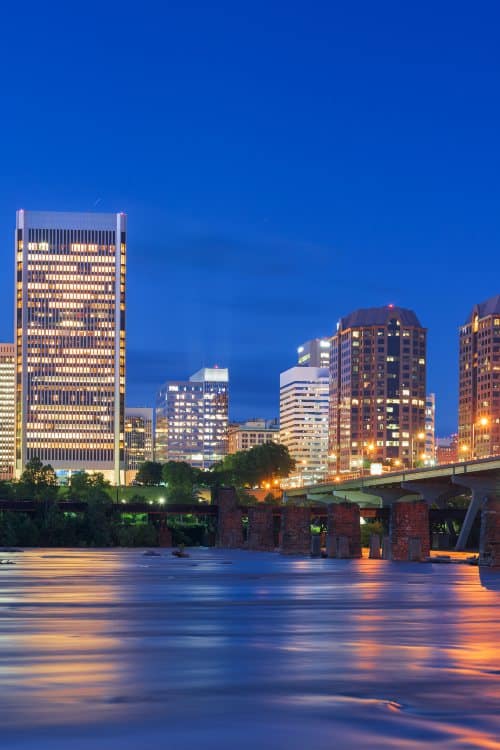 Richmond, Virginia, USA downtown skyline on the James River.