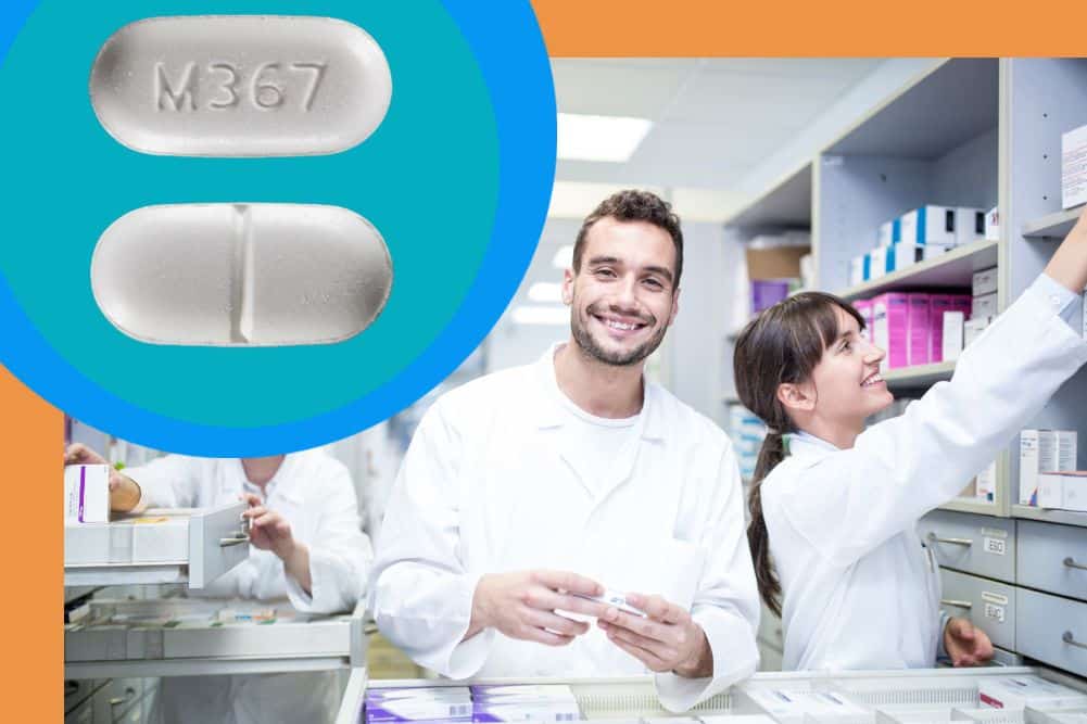 image of an M367 Pill along with a photo of a pharmacist behind a pharmacy counter