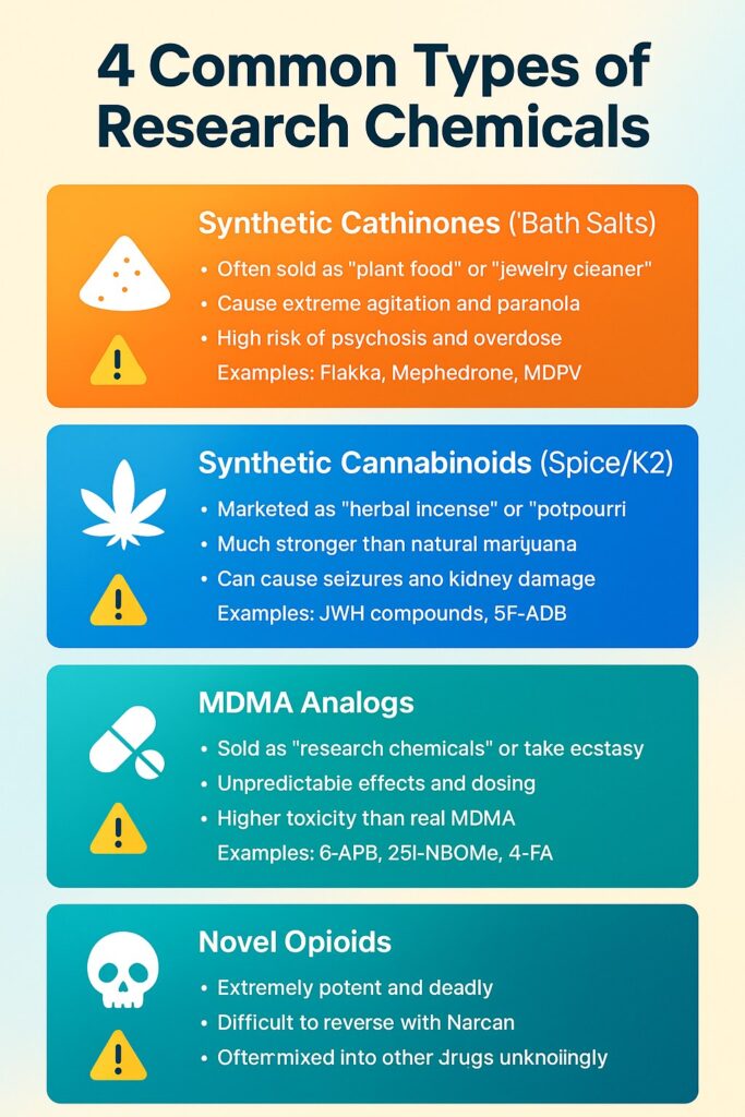 Infographic: "4 Common Types of Research Chemicals" 1. Synthetic Cathinones ("Bath Salts") Often sold as "plant food" or "jewelry cleaner" Cause extreme agitation and paranoia High risk of psychosis and overdose Examples: Flakka, Mephedrone, MDPV 2. Synthetic Cannabinoids ("Spice/K2") Marketed as "herbal incense" or "potpourri" Much stronger than natural marijuana Can cause seizures and kidney damage Examples: JWH compounds, 5FADB 3. MDMA Analogs Sold as "research chemicals" or fake ecstasy Unpredictable effects and dosing Higher toxicity than real MDMA Examples: 6APB, 25INBOMe, 4FA 4. Novel Opioids Extremely potent and deadly Difficult to reverse with Narcan Often mixed into other drugs unknowingly Examples: U47700, Brorphine, Isotonitazene
